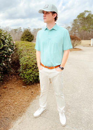 Man dressed for the Masters in golf Polo and khaki Pants from Escape Outdoors