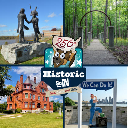 Collage promoting the Historic SoIN: Red, White and Billie digital passport featuring the Lewis and Clark Handshake Statue, Rose Island, Howard Steamboat Museum, Rosie the Riveter statue, and Billie the Bison holding an America-shaped “250th” sign.