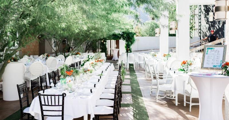 Tables set for a catered event at Eight4Nine in Palm Springs