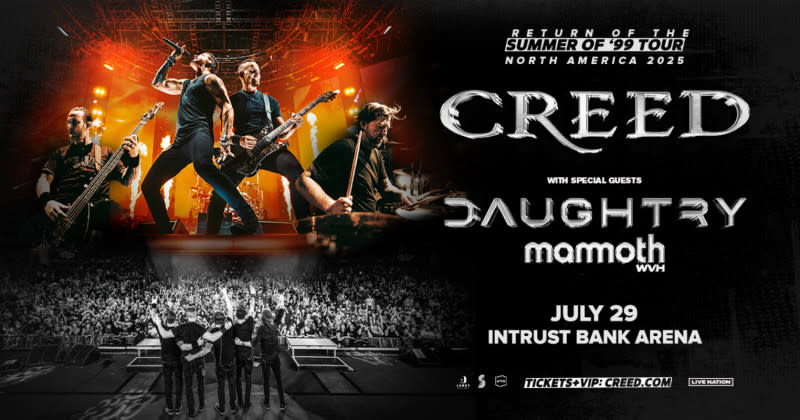 An image features two pictures of the band Creed performing with details about their upcoming concert in Wichita, KS