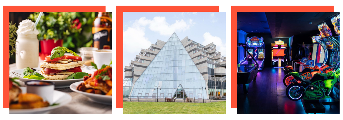 Three square cards featuring food, a hotel, and arcade venue
