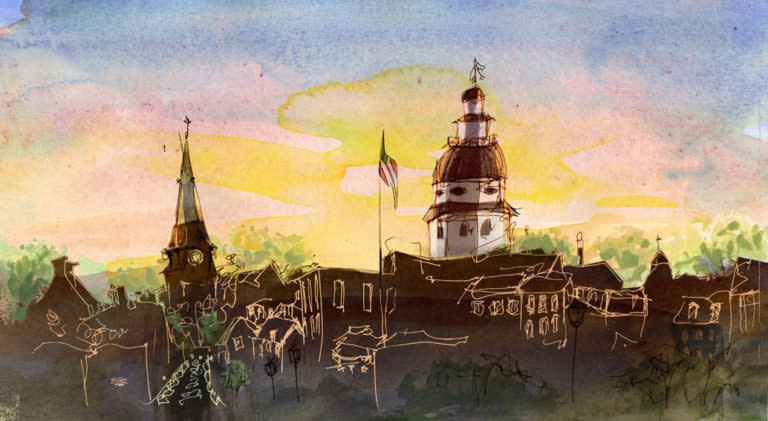Annapolis skyline watercolor by the author, L Bo Craft