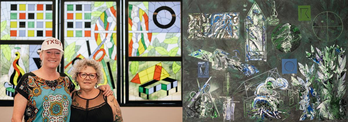 Artists in front of stained-glass public art that pays homage to Bill Hutson's painting "Homecoming"