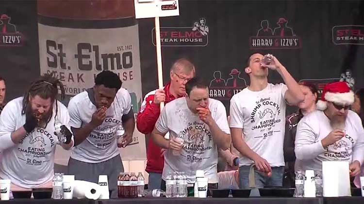 Joey Chestnut on his way to winning the 2017 St. Elmo Shrimp Cocktail Competition