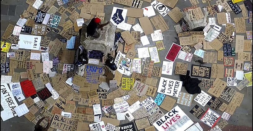 BLM protest banners at Colston statue plinth, June 2020 credit Bristol City Council