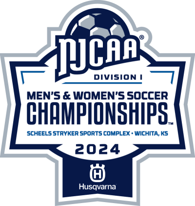 Blue and gray soccer ball with NJCAA Division I Men's & Women's Soccer Championships at Scheels Stryker Sports Complex in Wichita, KS. Sponsored by Husqvarna