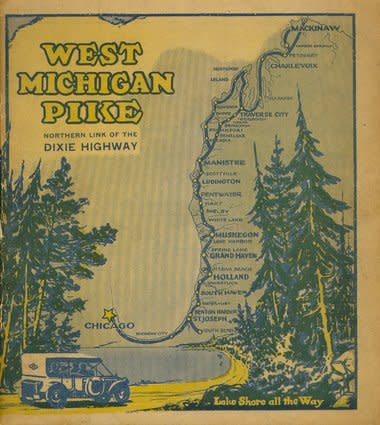 vintage poster showing the West Michigan Pike map. Illustraged pine trees flank the image and the west coast of michigan runs throuht the middle with the pike trail following the shoreline. A old fashioned car is in the botton left corner.
