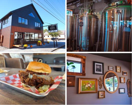 Top Left: Rails & Ales Brew House exteriorTop Right: Rails & Ales brew tanksBottom Left: Chicken SandwichBottom Right: Gallery Wall inside Rails & Ales