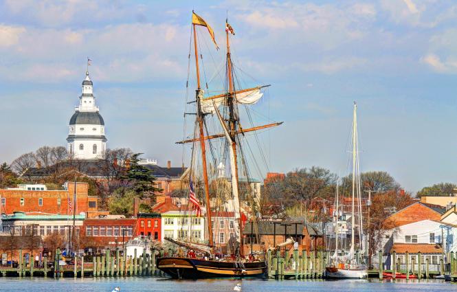 The tall ship Pride of Baltimore at city dock in Annapolis, MD.