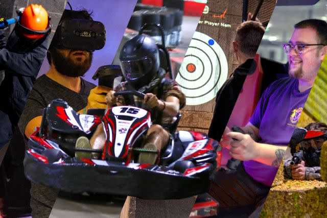 Five diagonal images of axe throwing, go carting, and VR games at Full Throttle