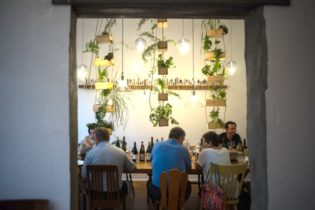 A group of people sitting at a table, enjoying a meal together