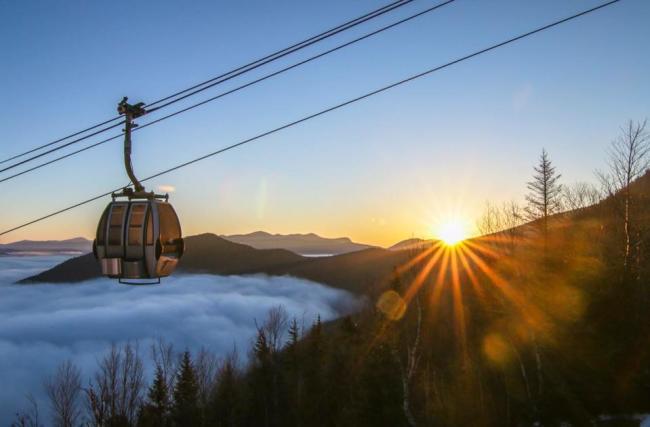 Loon Mountain Sunrise Service (Gondola in Foreground, Sunrise and Mountain View Behind)