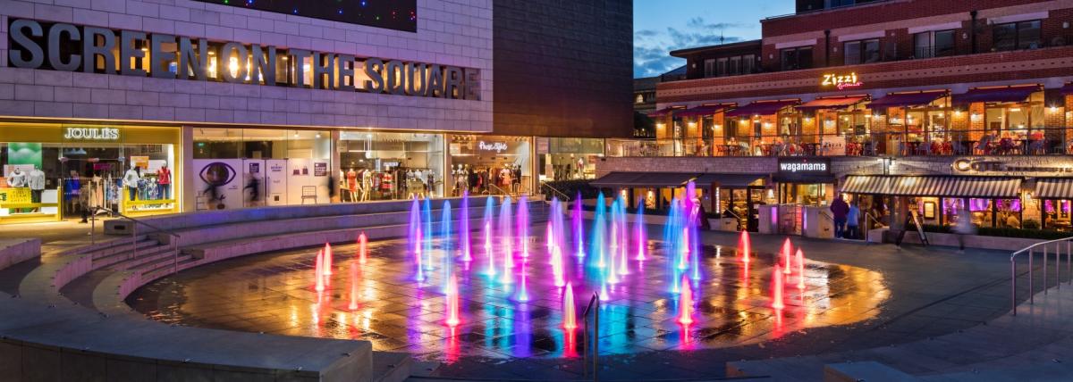 Restaurants, water fountains and Odeon cinema at Brewery Square in Dorchester, Dorset