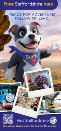 Staffy promoting a free Staffordshire map with local attraction photos and a QR code.