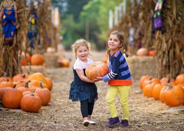 Two little girls carrying a large pumpkin