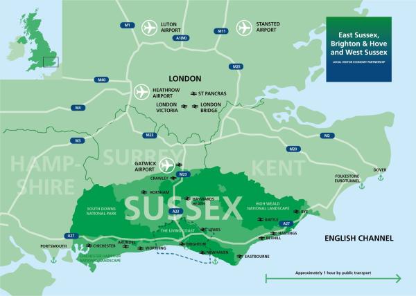 A green map showing Sussex, London, surrounding counties and travel connections