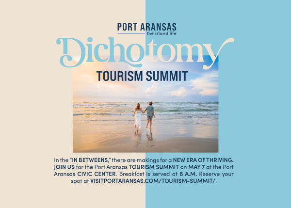 Blue and tan invitation to the 2026 Port Aransas Tourism Summit on May 7. "Dichotomy" is the theme of the invitation.