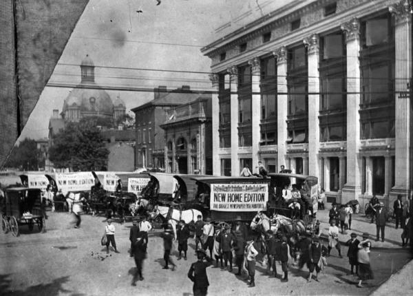 Black And White Photo Of Dayton Daily News Building With Crowd Out Front