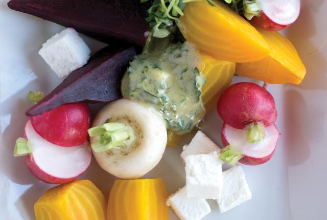 Roasted Beets with Radishes and Farmer's Cheese Tarragon Aioli