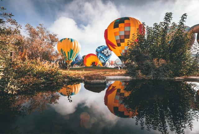 Balloons reflected in the water at the Albuquerque International Balloon Fiesta.