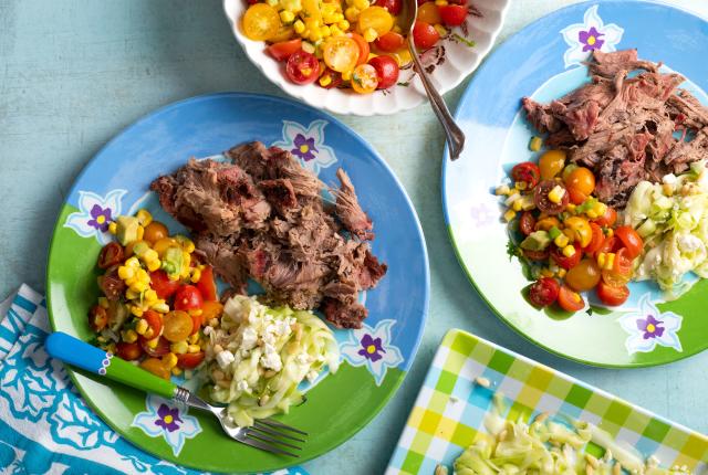 Insta-BBQ dishes, pulled pork, summer squash, and a veggie salad