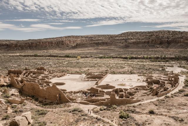 Pueblo Bonito as seen from a mesa in Chaco Culture National Historic Park, i.e Chaco Canyon