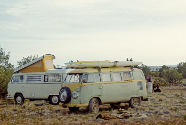 Volkswagen vans converge at a 1970 summer solstice celebration