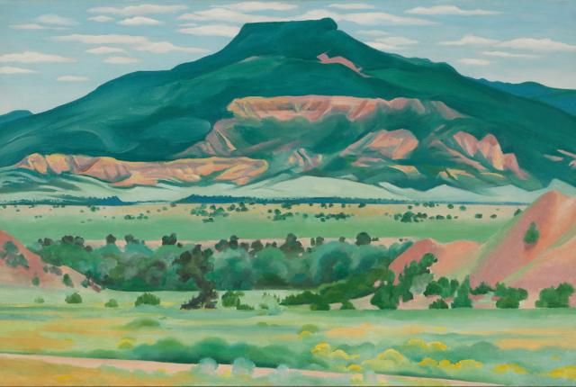 A serene landscape painting of a green valley with a prominent, flat-topped mountain in the background.