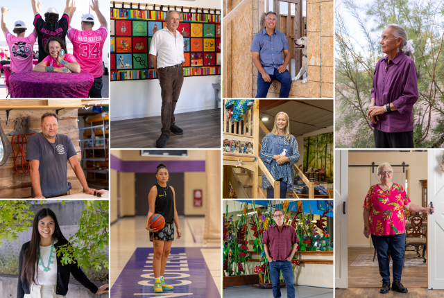 A collage of diverse individuals in various settings: athletes in pink jerseys and a player with a basketball, people in casual attire indoors and outdoors, and a woman with glasses in a bright floral top, conveying a sense of community.