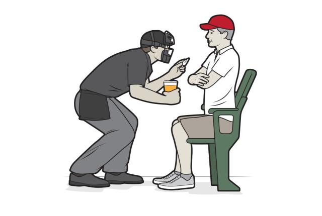 Illustration of a man showing his ID to a skeptical clerk.