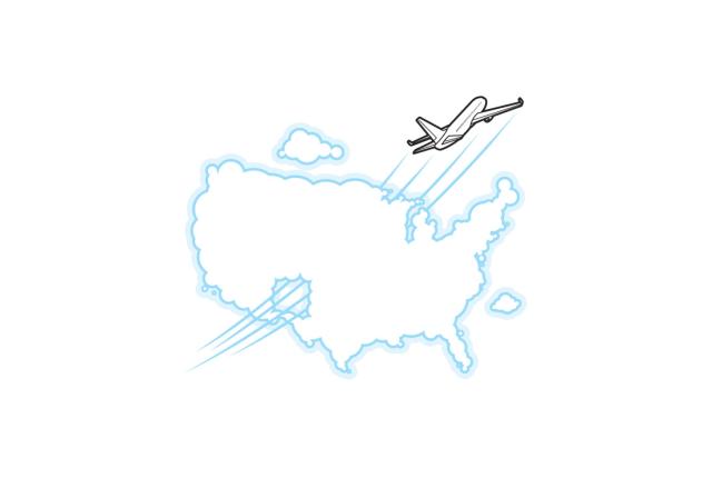 Illustration for plane flying through a U.S.-shaped cloud.