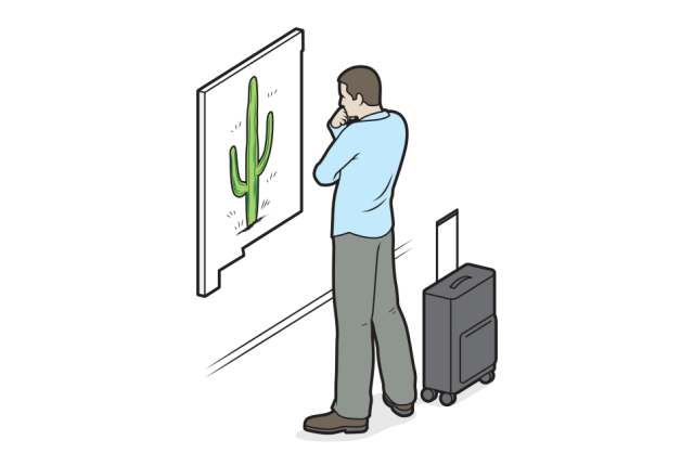 Illustration of a person with luggage looking thoughtfully at a framed cactus artwork on a wall.