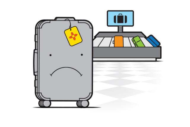 A sad-faced suitcase with a yellow tag on a white background stands beside a luggage carousel filled with colorful suitcases.