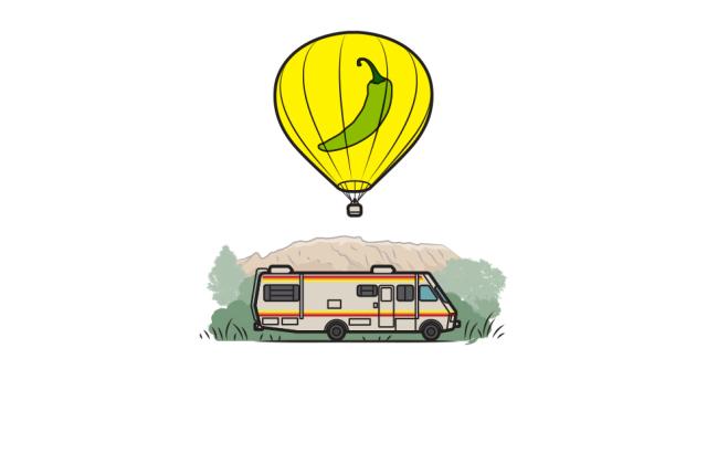 Illustration of Walter White's "Breaking Bad" RV with a yellow hot-air balloon flying over it with a printed green chile.