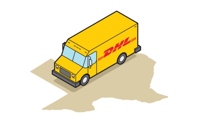 Illustration of a yellow DHL delivery truck driving over the state of Texas.