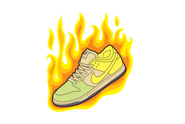 Illustration of a green and yellow Nike sneaker surrounded by orange and yellow flames.