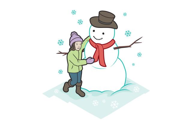 Child in winter coat and hat builds a snowman wearing a scarf and top hat as snowflakes fall.