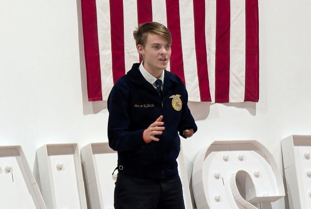 FFA student Jarren McBride delivers a speech during the Agricultural Public Speaking Competition at the New Mexico State Fair.