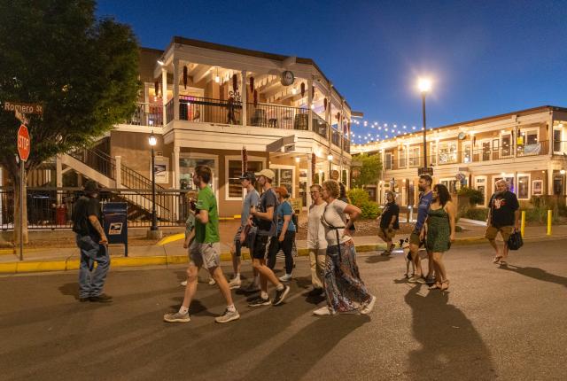 As evening falls over Albuquerque's historic Old Town, the lively Plaza Don Luis sets the stage for a ghostly adventure with #AbqTours.