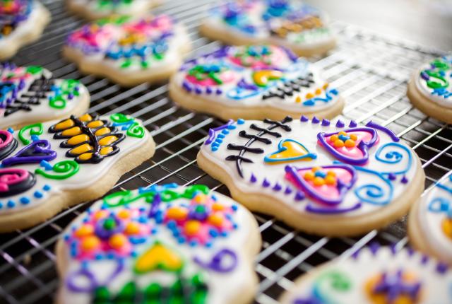 Colorful sugar cookie skulls.