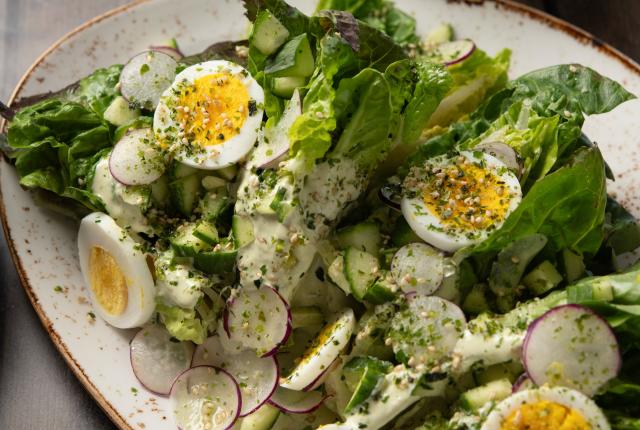 Little Gem Salad with Cucumbers and Green Goddess Dressing