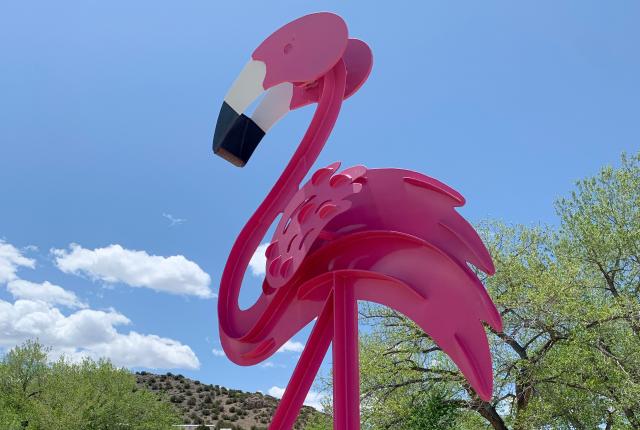 The Abiquiú pink flamingo created by Santa Fe artist Fredrick Prescott in 2016.