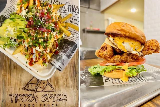 Left: Tikka Fries. Right: Spicy Chicken Tikka Sandwich with an egg and cheese.
