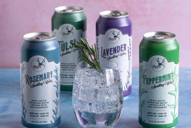 In 2013, Bluefly Farms launched their own line of farm-to-can sparkling waters flavored with local lavender, tulsi, peppermint, and rosemary.