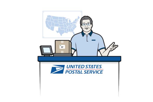 Illustration by Chris Philpot of a USPS worker behind the counter.