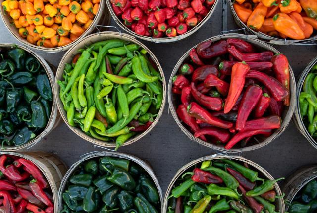 The Santa Fe Farmers’ Market is a hot spot for chiles of all colors and sizes each fall.