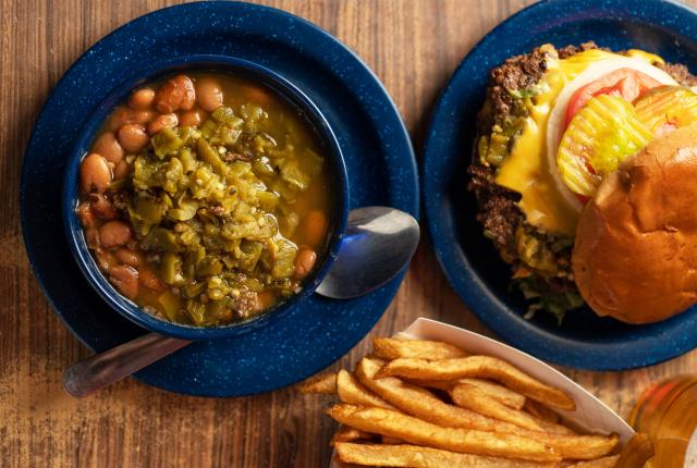 The Original Owl Bar & Cafe's beans with green chile and hamburger with fries.