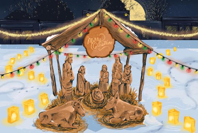 Illustration of a nativity set surrounded by luminarias.