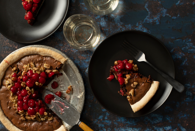 Chocolate chess pie with red chile, cherries, and nuts.