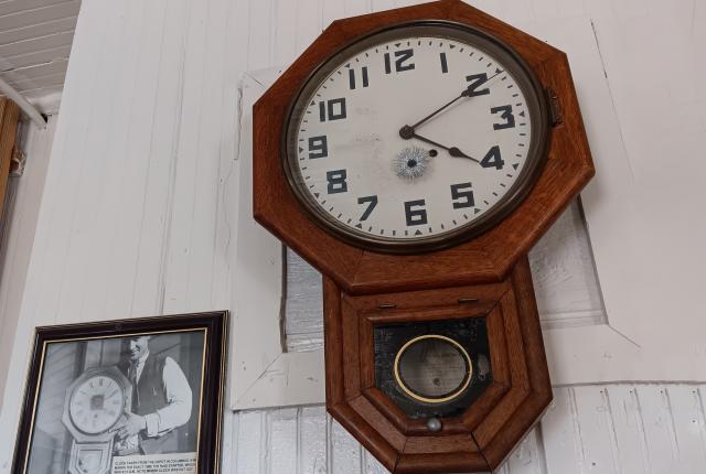 A replica of the clock with a bullet hole marks the event at the Columbus Historical Society Depot Museum.